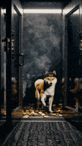 a dog wearing a hat that says dea stands in a dark room