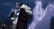 a cartoon of a man riding a horse with a ghost in the background