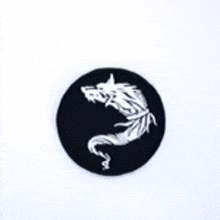 a black circle with a white dragon embroidered on it