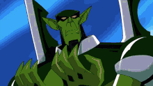 a cartoon drawing of a green monster holding a sword