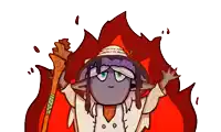 a cartoon drawing of a person holding a stick in front of a red fire