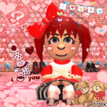 a cartoon girl with red hair is surrounded by pink hearts and the words i love you