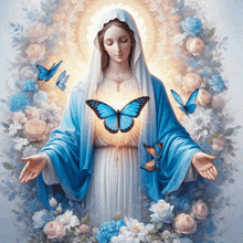 a painting of the virgin mary with butterflies and flowers around her