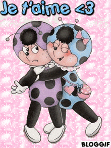 two ladybugs hugging each other on a pink background with je t'aime 23 written on it