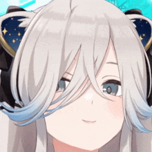 a close up of a anime character 's face with white hair and blue eyes