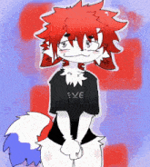 a drawing of a furry character with red hair wearing a black shirt that says eve
