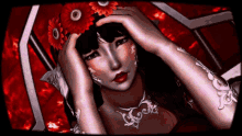 a woman with a flower crown on her head is holding her head
