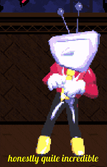 a pixel art of a person with the words " honestly quite incredible "