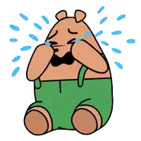 a cartoon of a teddy bear wearing green pants and a bow tie crying