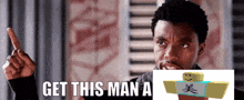a man is pointing at a picture of a roblox character and the words get this man a