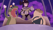 a cartoon of a frog a cat and a crocodile with buckwheat written on the bottom right