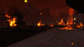a cartoon illustration of a city on fire with a sign that says " heavy duty "
