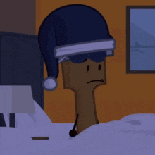 a cartoon character wearing a hat and goggles laying on a bed