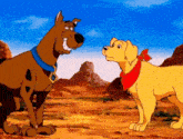 scooby doo and a yellow dog are standing in the desert