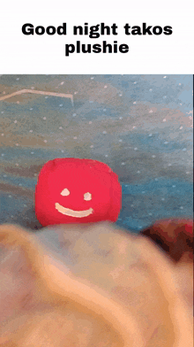 a red stuffed animal with a smiling face is laying on a bed with the words good night takos plushie above it