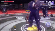 a screenshot of a video game shows a giant superhero standing next to a smaller superhero
