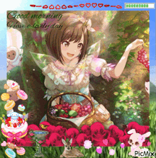 a picture of a girl with a basket of fruit says good morning