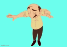 a bald man with a mustache is standing with his arms outstretched .
