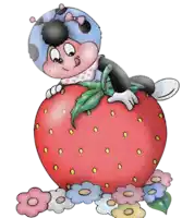 a ladybug is sitting on top of a strawberry with flowers around it