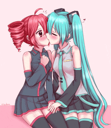 a drawing of hatsune miku kissing a girl