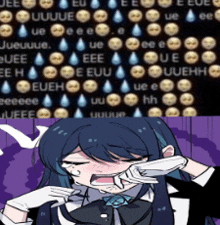 a girl is crying in front of a screen with smiley faces