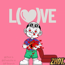 a cartoon character is surrounded by hearts and the word love behind him