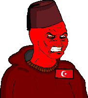a cartoon of a man wearing a red hoodie and a hat with a crescent moon on his chest