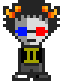 a pixel art drawing of a troll wearing 3d glasses and a shirt with the letter i on it .