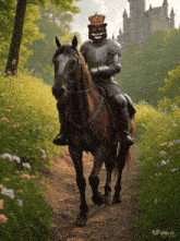 a man in armor is riding a horse with a cake head