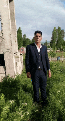 a man in a suit stands in a field of tall grass