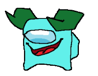 a pixel art drawing of a blue among us character with green horns and a red smile .
