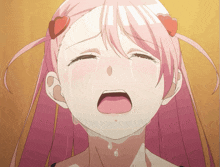 a girl with pink hair is crying with tears running down her face