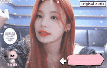 a girl with red hair and a sticker that says original cutie