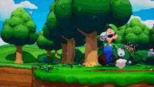 a video game character named luigi is sitting on a green hill