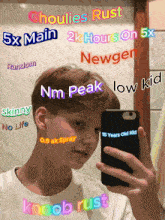 a person taking a picture of themselves with the words ghoulies rust and knoob rust