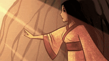 a cartoon drawing of a woman in a kimono reaching out her hand