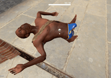 a video game shows a man laying on his back with a score of 160/160