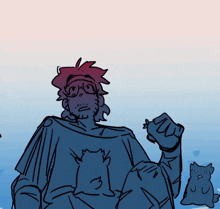 a drawing of a man wearing a shirt with cats on it