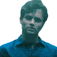 a man in a blue shirt is looking at the camera with a white background