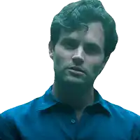 a man in a blue shirt is looking at the camera with a white background