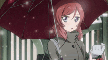 a girl with red hair and purple eyes holding an umbrella