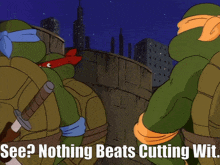 a group of teenage mutant ninja turtles are standing next to each other with the caption " see nothing beats cutting wit "