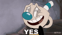 a cartoon character with a blue nose is smiling and says " yes "