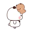 a cartoon panda bear is holding a teddy bear on his head .