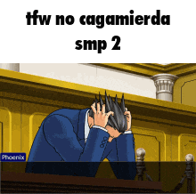 a man in a suit is sitting in a courtroom with his head in his hands and says tfw no cagamierda