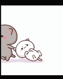 a cartoon cat is pulling another cat 's tail .