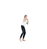 a woman in a white tank top and black leggings is dancing on one leg