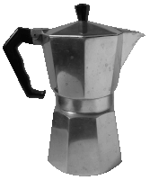 a silver coffee maker with a black handle