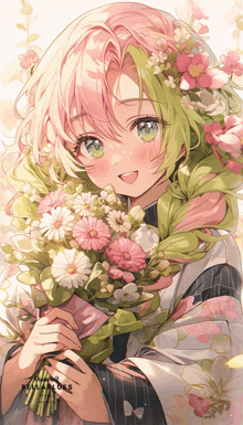 Smiling Kawaii While Holding Pretty Flowers GIF