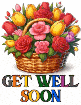 a wicker basket filled with flowers and the words get well soon below it